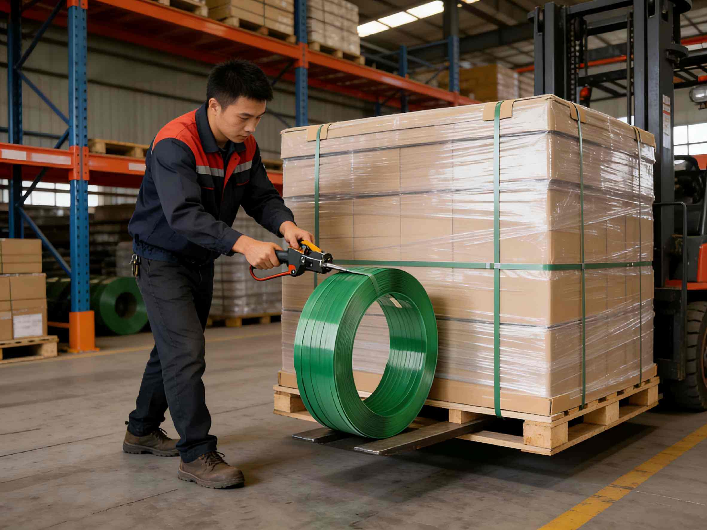 applying textured PET strapping to a pallet