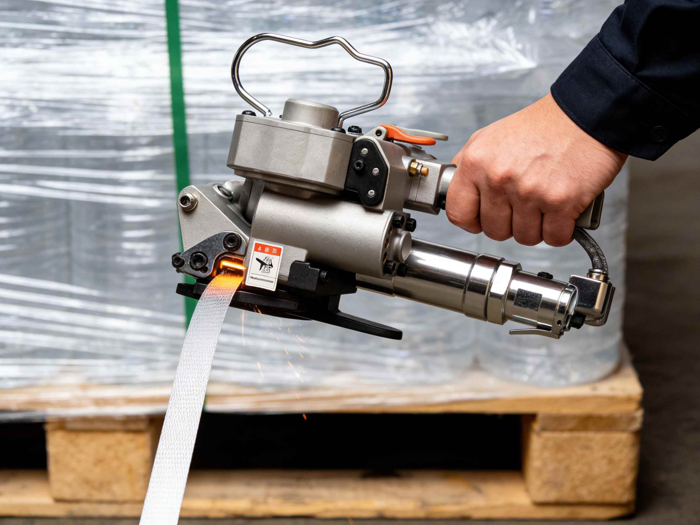 Pneumatic baler PET strap tool