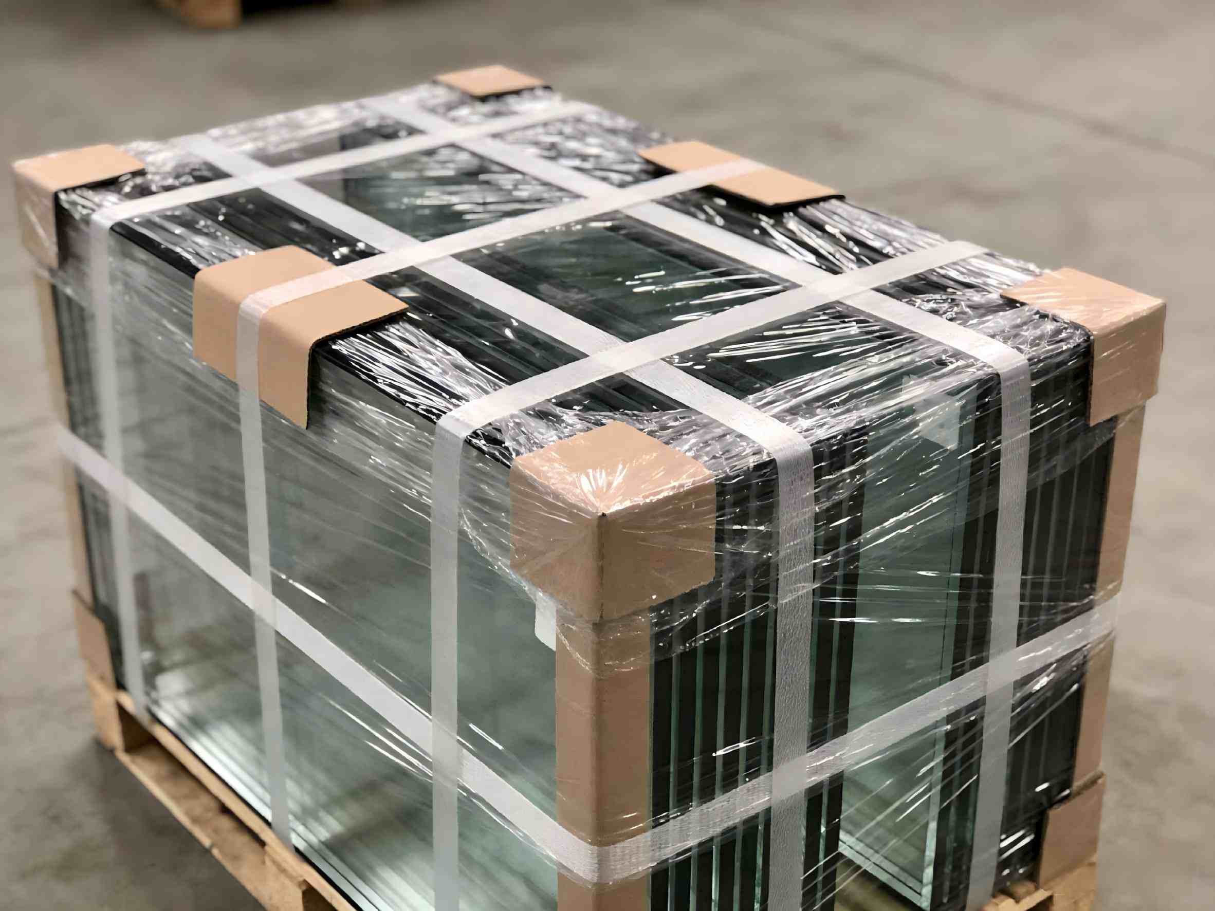 fully strapped and wrapped glass pallet