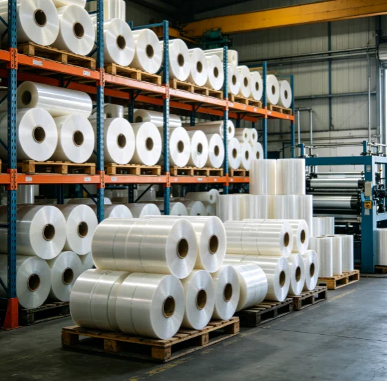 Bulk packaging rolls in factory warehouse