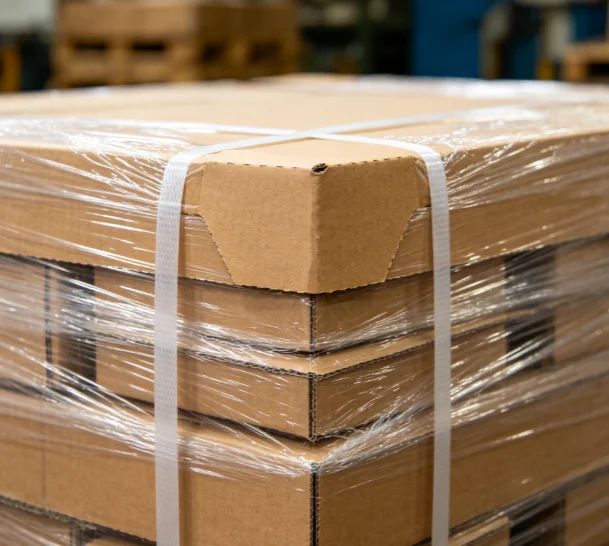 Pallet strapped with PET & paper corner guard closeup