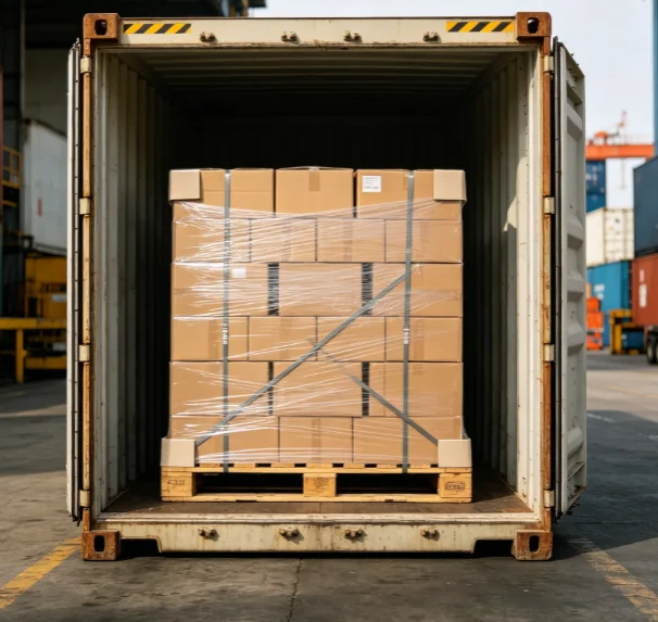 Stabilized export pallet inside shipping container