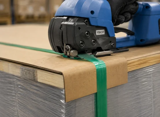 Electric strapping tool applying green PET strap on a pallet