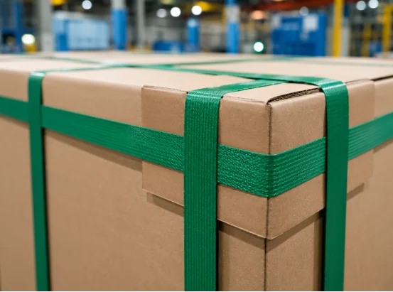 Green PET strapping on carton with paper corner protector