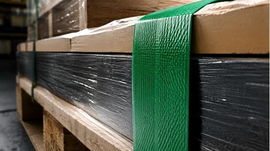 Green PET strapping securing wooden pallet load