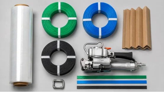 Industrial packaging materials and strapping tool