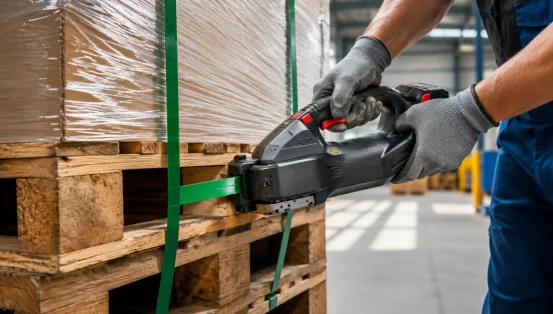 Worker securing a wooden pallet with green PET strap using an electric tool