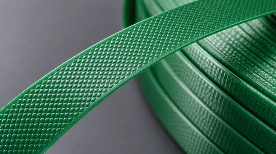 Close-up of embossed green PET strapping band