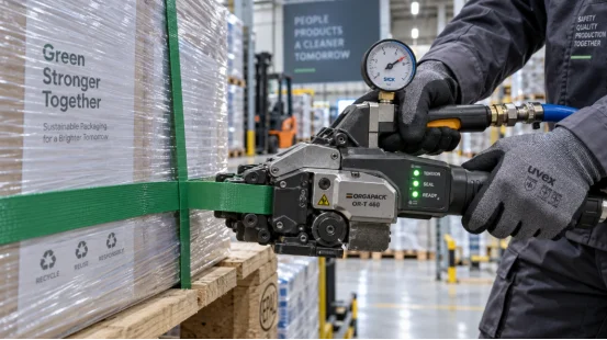 Operator tensioning green PET strap on a pallet with a strapping tool
