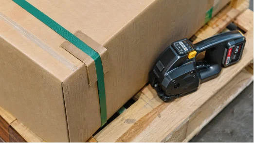 PET strapping with corner protector and electric tool