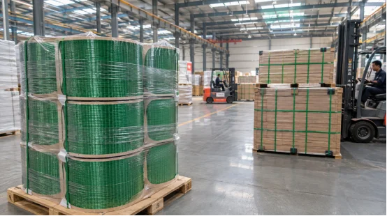 Wrapped PET strapping rolls on pallet in warehouse